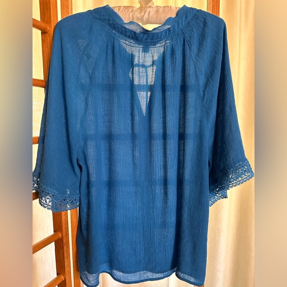 Counterparts Gauze Boho Top Bell Short Sleeve Floral Crochet Trim large - Picture 2 of 5